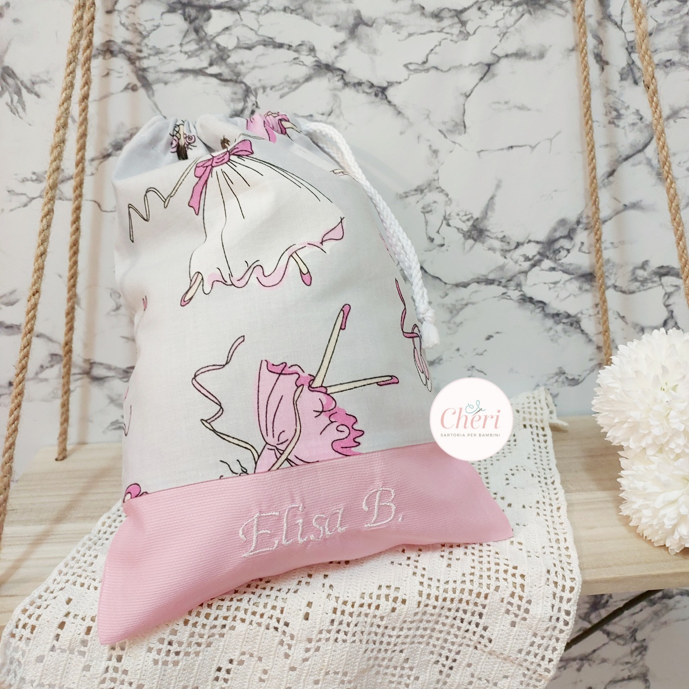 sacchetta asilo in cotone stampato con ballerine